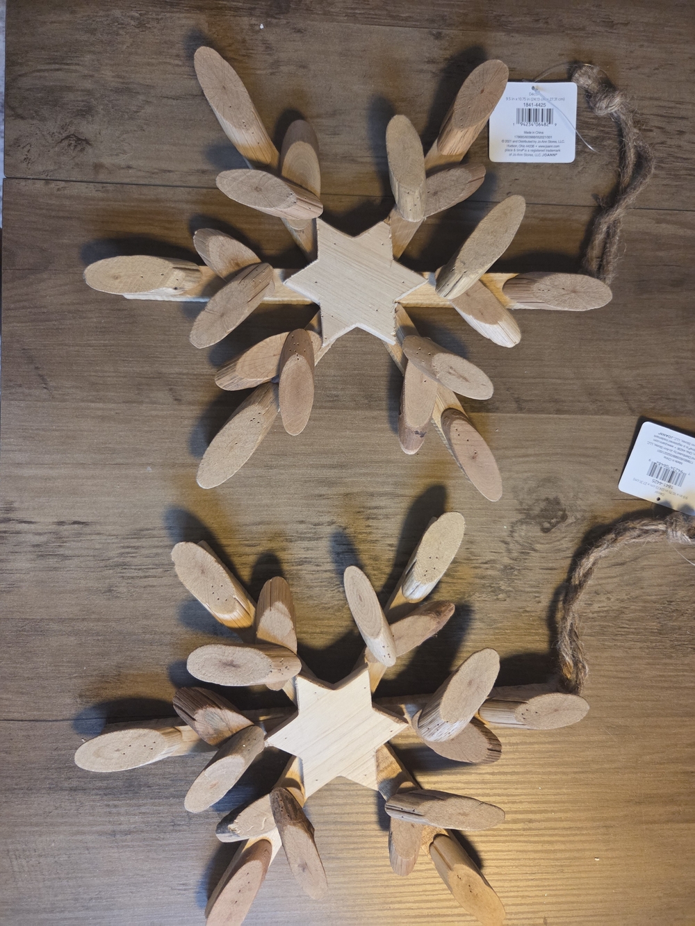 2 Natural Wood Snowflake Ornament 11in